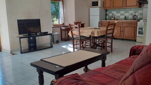 Ein Wohnzimmer mit Sofa, Fernseher auf einem Schrank, einem Esstisch mit Stühlen und einer Küchenzeile mit Schränken und Geräten.