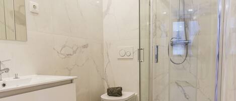 Shower, hair dryer, soap