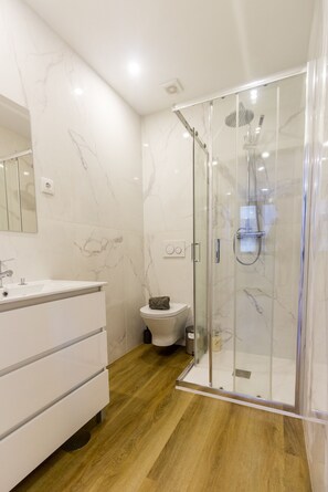 Shower, hair dryer, soap