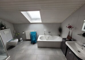 Shower, hair dryer, towels, toilet paper