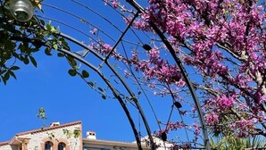 Un edificio de piedra con balcón, rodeado de abundante vegetación y plantas en flor.