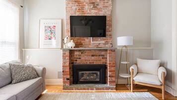 Televisión, chimenea y libros