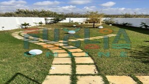 Um jardim com caminho pavimentado, paredes brancas e decorações esféricas.
