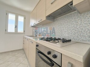 A kitchen with a gas stove, a range hood, and a tiled backsplash. - Turquoise Apartment Torre Vado (Torre Vado)