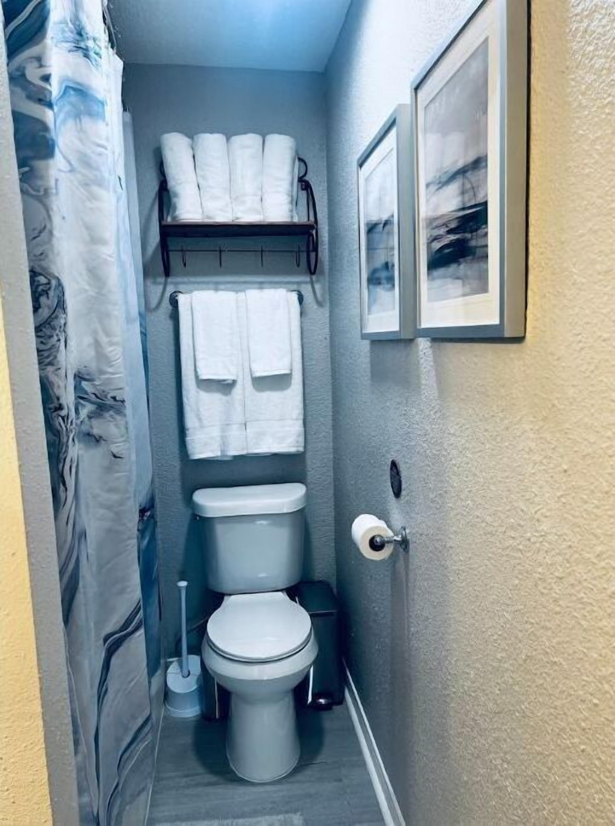 Un bagno piccolo con il water, uno scaffale con asciugamani e un porta carta igienica.