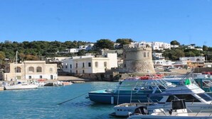 A coastal town with a prominent castle-like structure, boats docked at a marina, and buildings with Mediterranean architecture. - Apartment Gioia 1 in Marina di Pescoluse (Torre Vado)