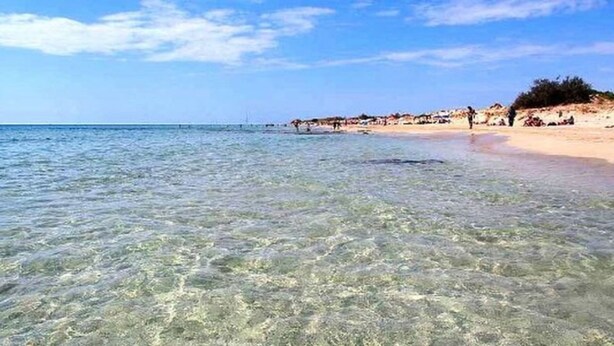 A beach with clear shallow waters, a sandy shore, and a distant view of a small town or village with buildings and vegetation. - Apartment Gioia 1 in Marina di Pescoluse (Torre Vado)