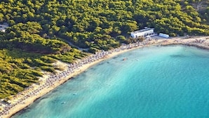 An aerial view of a beach with a building near the shore, surrounded by dense green foliage. - Villa Lungomare Galilei on the waterfront in Gallipoli (Gallipoli)
