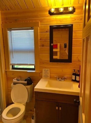 A compact wooden bathroom with a toilet, sink, and mirror. - NEW! Rivers Edge Cabin (Waterloo)