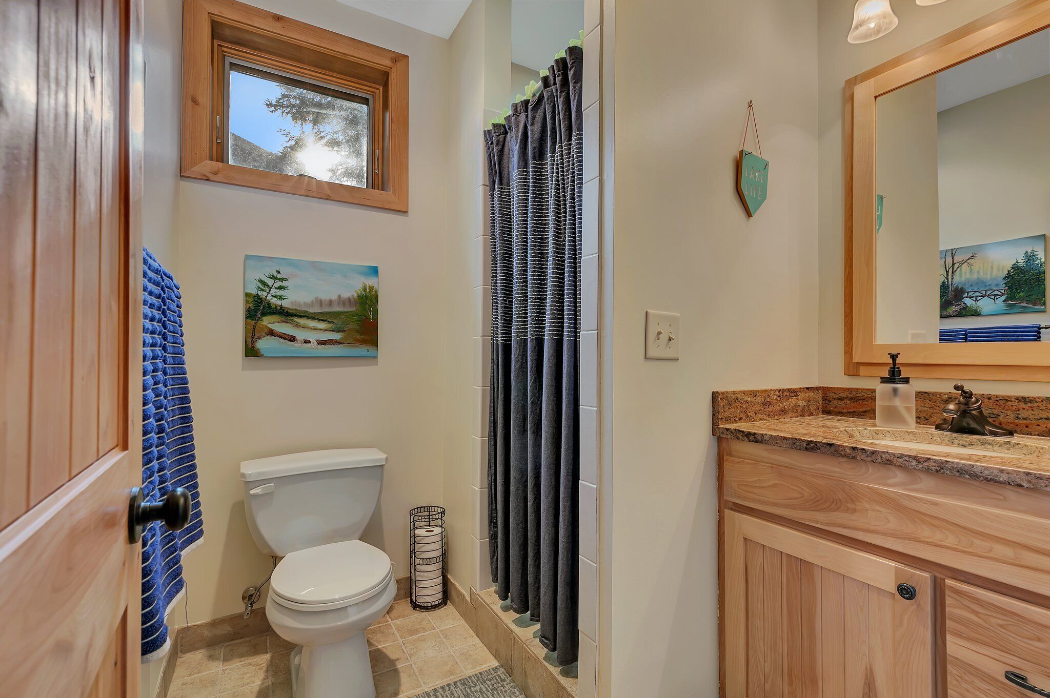 A bathroom with a toilet, a shower curtain, a sink with a soap dispenser, and a mirror.