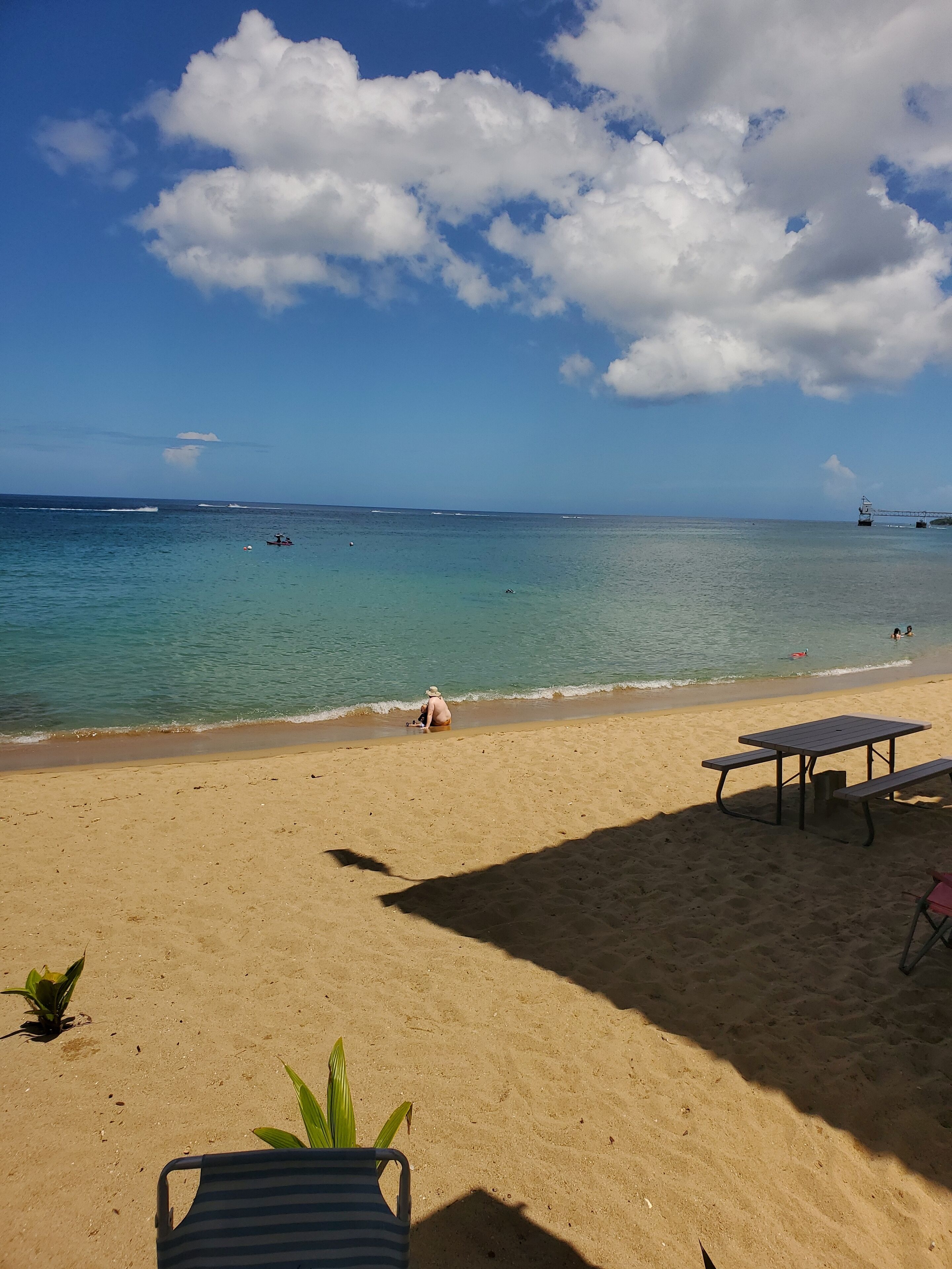 A beach with clear blue water, a sandy shore, and a picnic table.