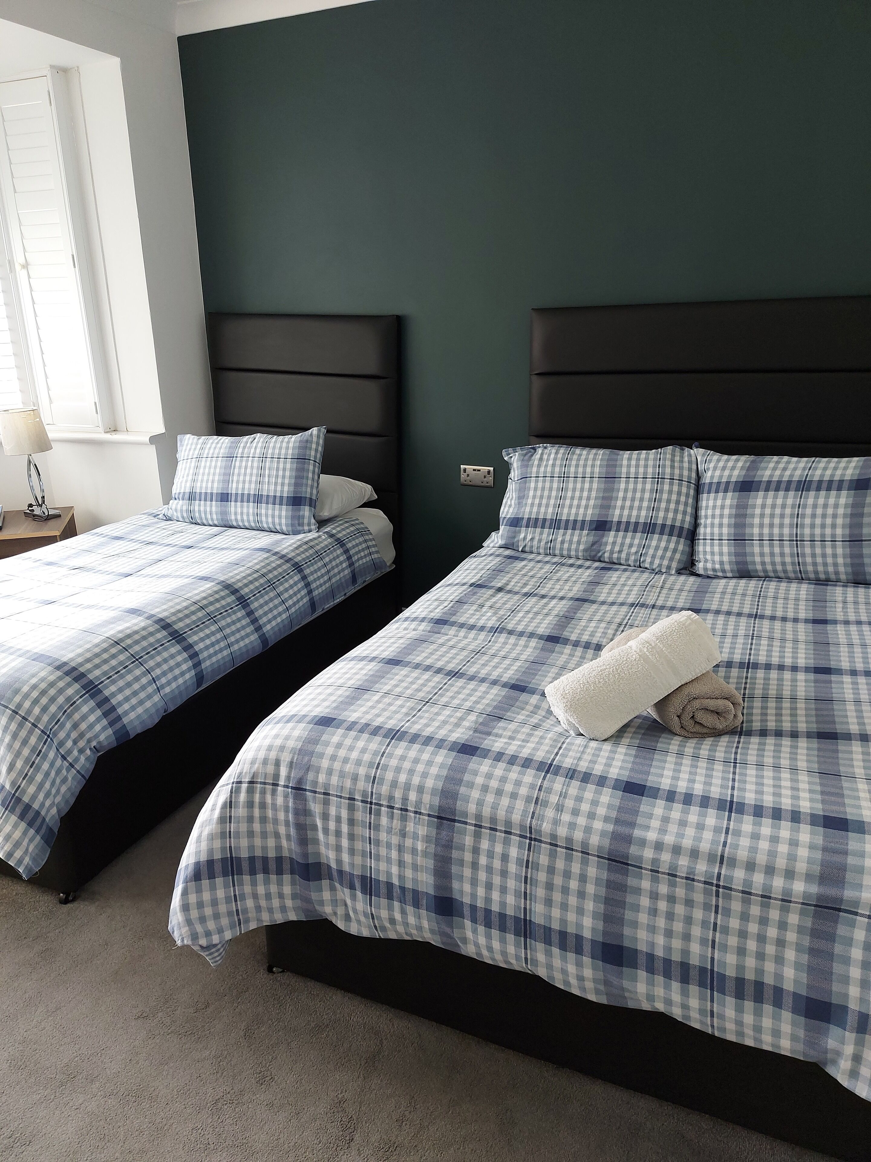 Two twin beds with matching blue and white checkered bedding, a dark headboard, and a window with blinds.