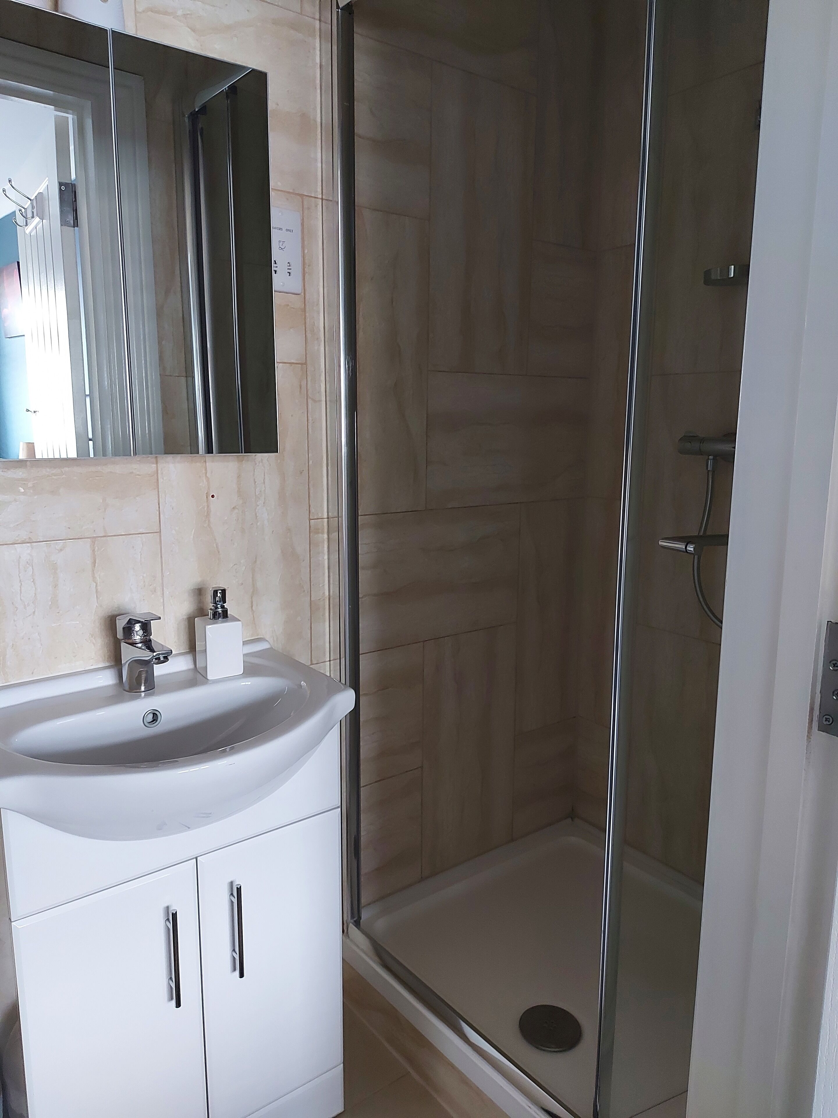 A bathroom with a white sink, mirror, and shower enclosure.