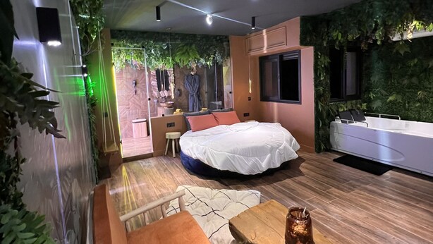 Une chambre moderne avec un lit, un coin salon et un téléviseur.