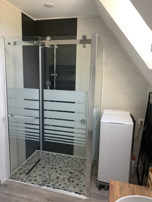 Shower, hair dryer, soap