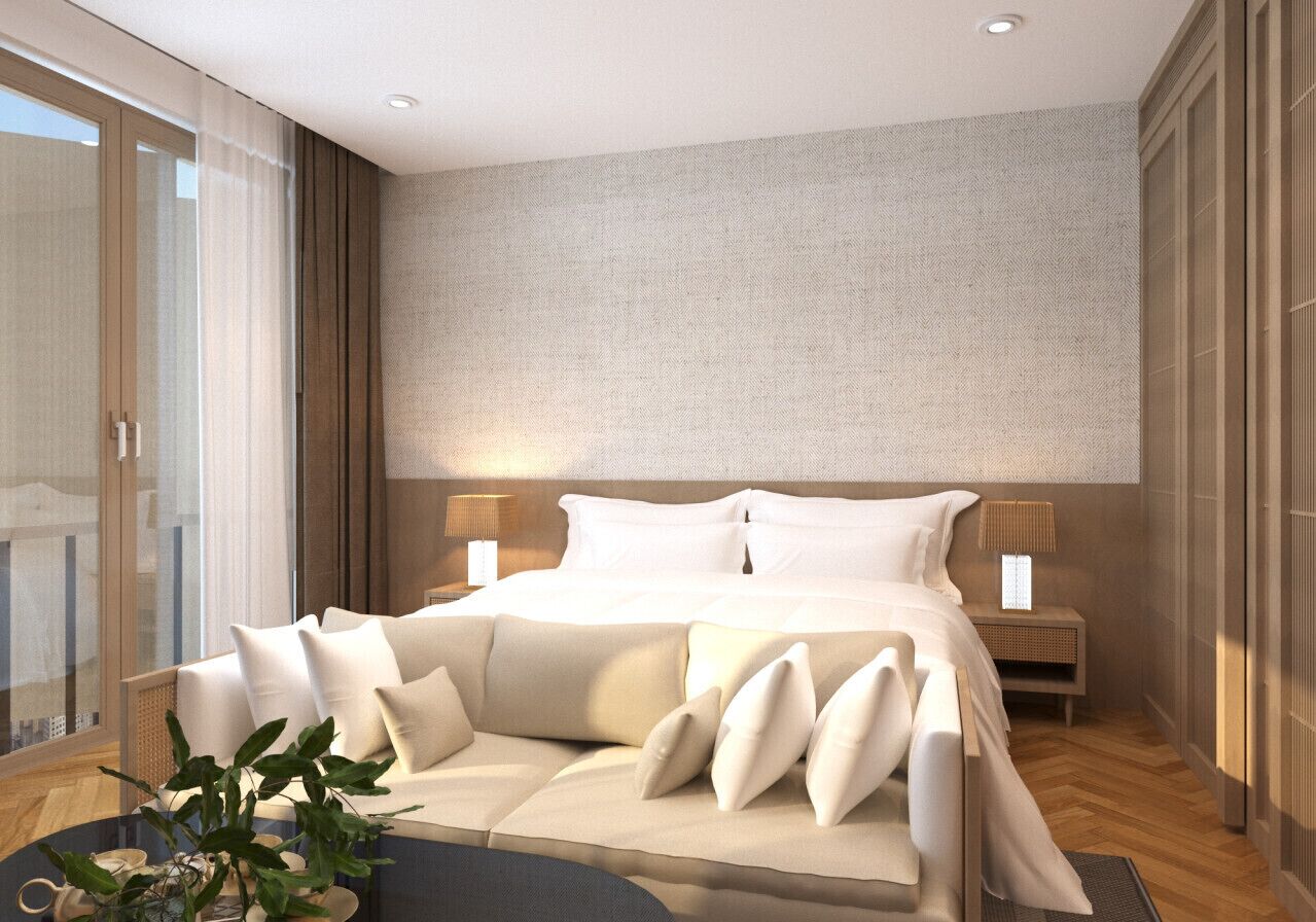 A modern hotel room with a large bed, two bedside tables, a large window, and a view of the city.
