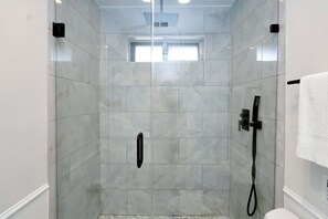 Hair dryer, towels, soap, shampoo