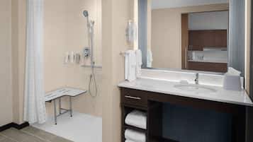 A modern bathroom with a shower, sink, and mirror.
