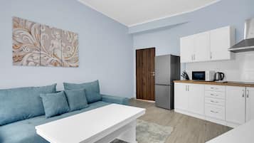 Deluxe Apartment | Private kitchen | Full-size fridge, microwave, stovetop, electric kettle
