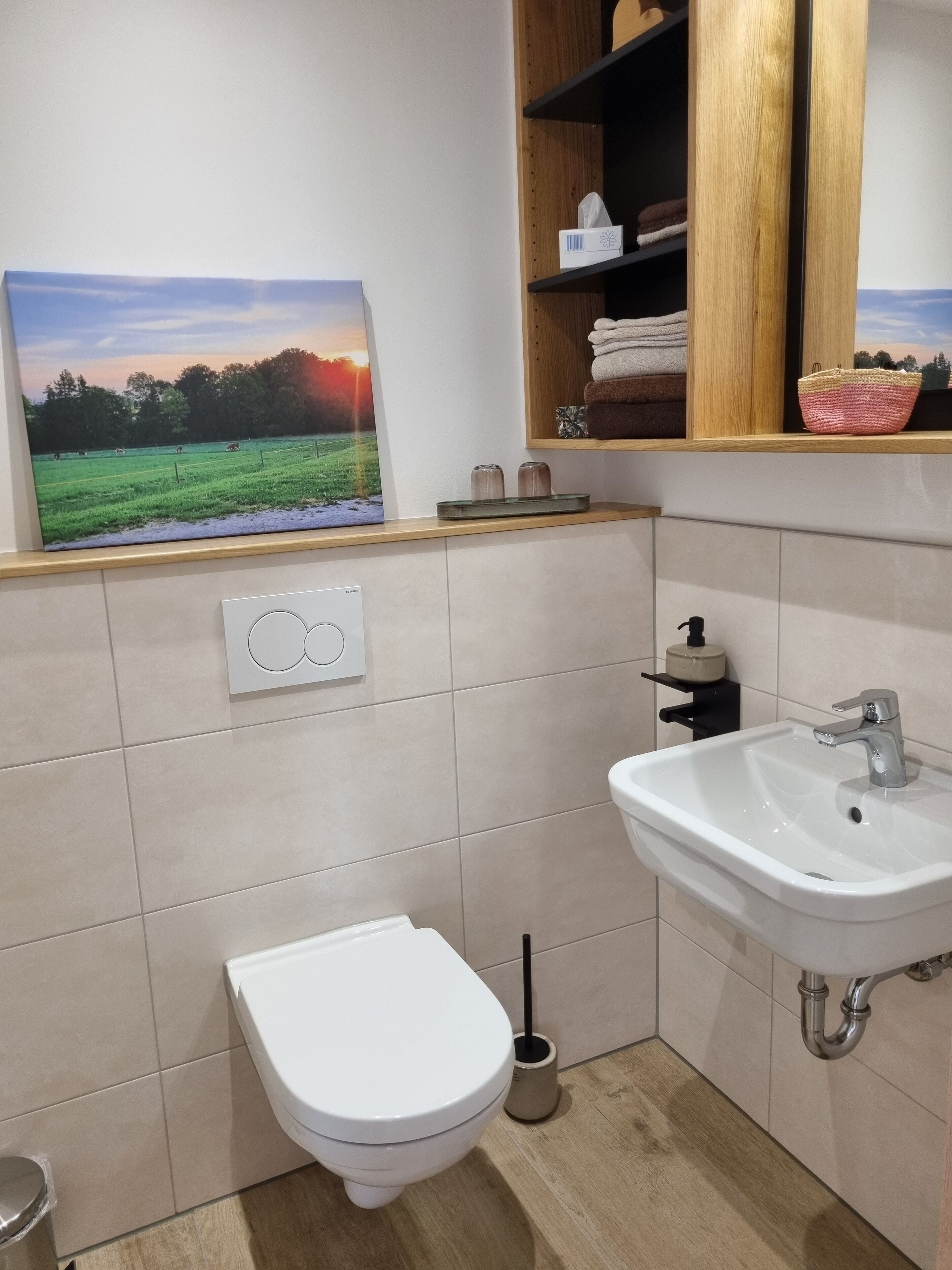 A bathroom with a toilet, sink, and a wall-mounted shelf with towels and a basket.