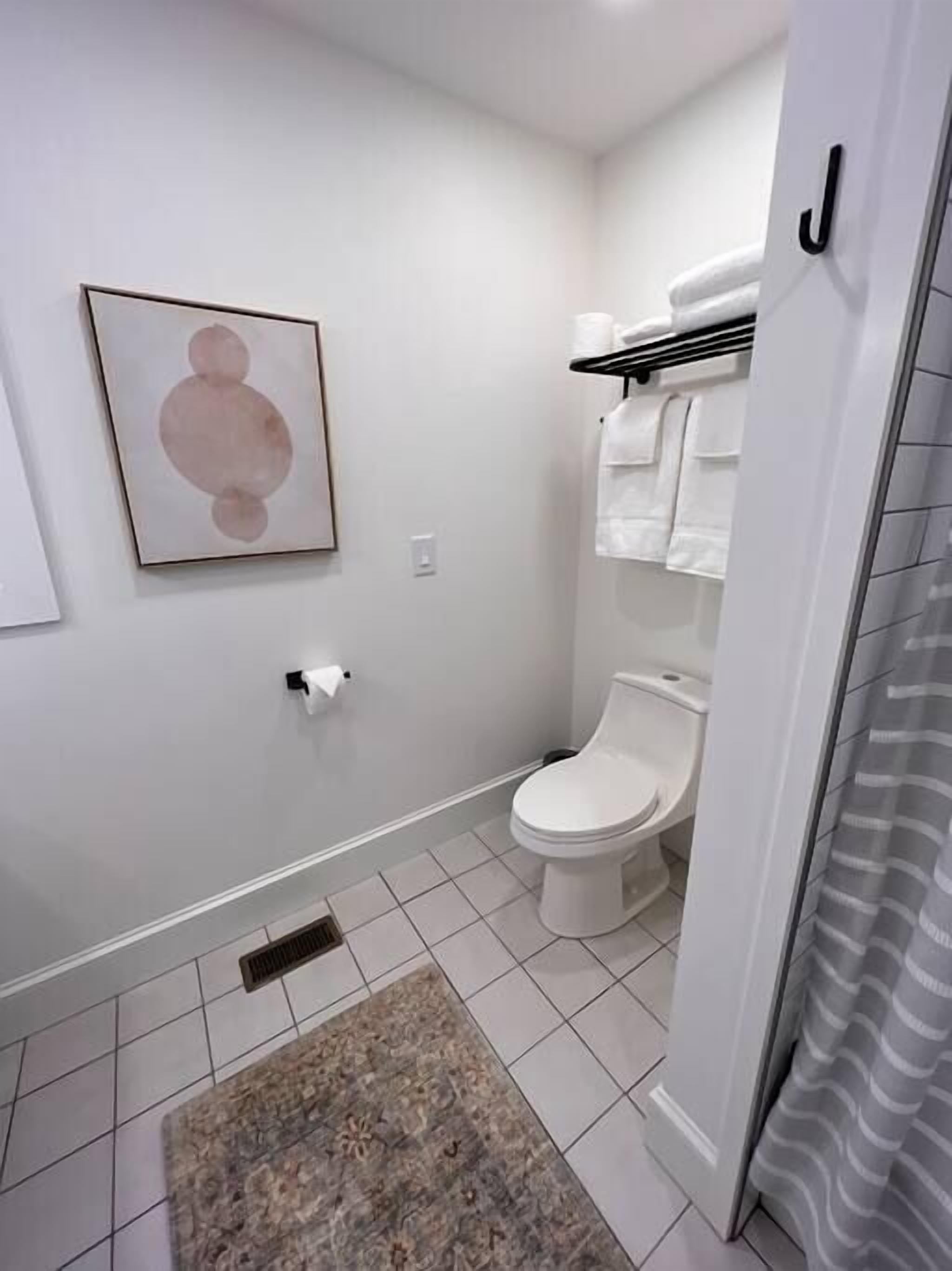 Ein Badezimmer mit Toilette, Handtuchhalter, Duschvorhang und Teppich.