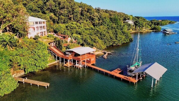 A waterfront property with a wooden dock, a white building, and lush greenery.