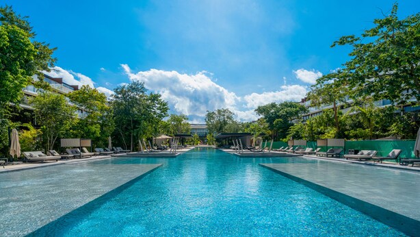 A rectangular swimming pool with clear blue water, surrounded by lounge chairs and umbrellas, with trees and buildings in the background. - Awa 107 At AWA Residences - Playacar ll (Playa del Carmen)
