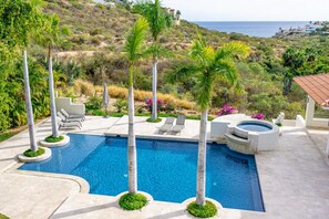 A swimming pool with palm trees, lounge chairs, and a hot tub, surrounded by a landscaped garden and overlooking a hilly landscape. - Las Terrazas (San José del Cabo)