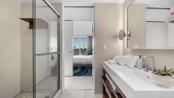 Hair dryer, towels, soap, shampoo