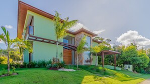 A modern house with a green exterior, a wooden deck, and a well-maintained garden with various plants and a small pond.