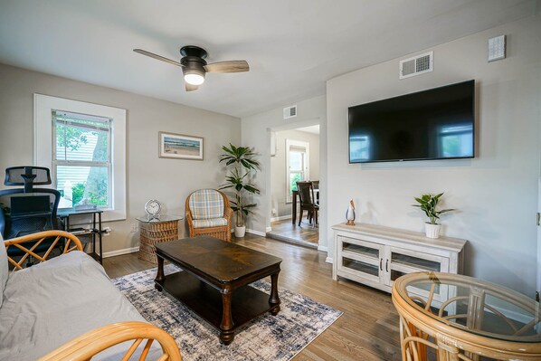 Smart TV, fireplace, books