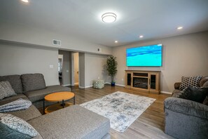 Smart TV, fireplace, books