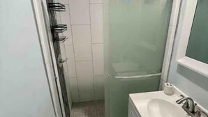 A compact bathroom with a glass shower enclosure, a white sink, and a small rug. - Private suite, private entrance. (Deerfield Beach)
