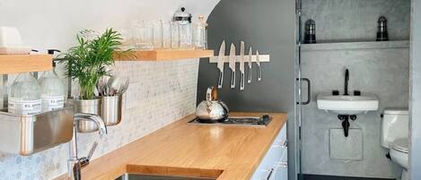Fridge, microwave, stovetop, coffee/tea maker