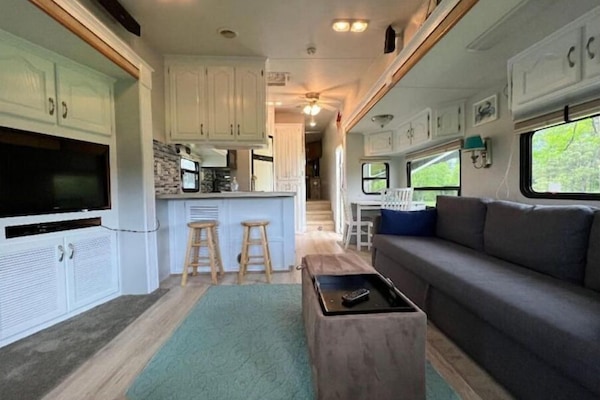 Smart TV, fireplace, books