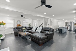 TV connectée, cheminée, lecteur de DVD, livres