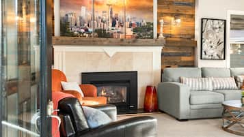 Smart TV, fireplace, video games, DVD player