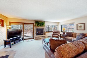 TV, lareira, DVD player, videoteca