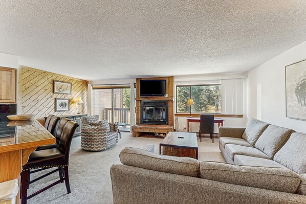 TV, fireplace, DVD player, video library