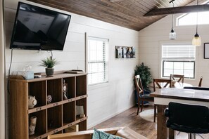 Smart TV, fireplace, Netflix, books