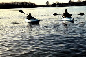 Two kayaks on a calm body of water with a shoreline in the background.