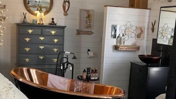 Une chambre à coucher avec une baignoire, une commode et un miroir.