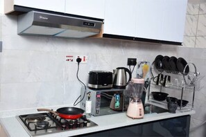 Kühlschrank, Mikrowelle, Herdplatte, Wasserkocher