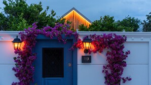 A building with a blue door, number 113, and purple flowers on the wall.
