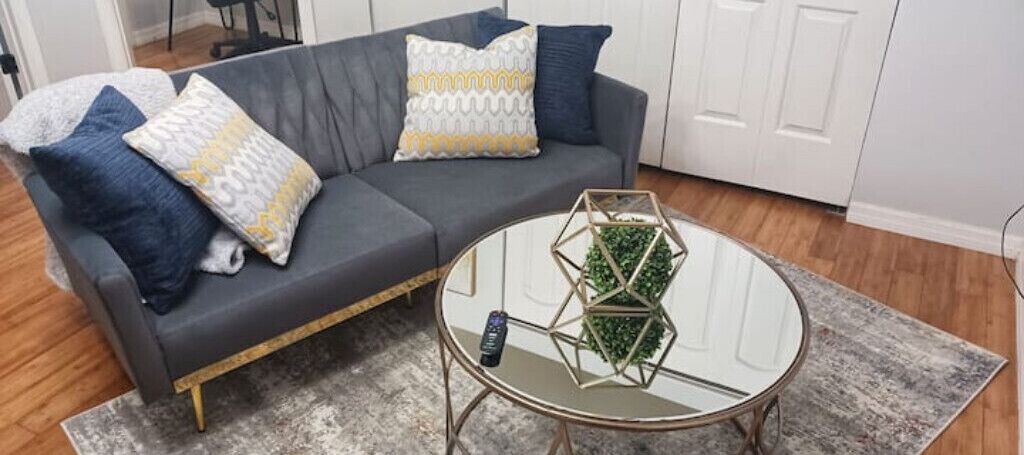 Un sofá gris con cojines estampados, una mesa de centro de cristal con una planta geométrica y un control remoto sobre la mesa.