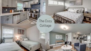 A cozy cottage with a kitchen, a bedroom with a bed and bedside table, a bathroom with a toilet and sink, and a living area with a sofa and coffee table. - New cozy home near Outlets & Amish Country (Lancaster)