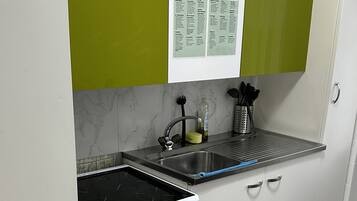 Une cuisine compacte dotée d’un four encastré, d’une plaque de cuisson et d’un évier.