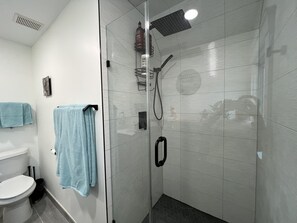 Hair dryer, towels, soap, shampoo