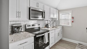 A modern kitchen with white cabinetry, stainless steel appliances, and a window with blinds.