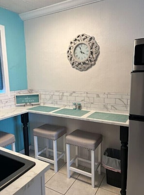 Fridge, microwave, coffee/tea maker, toaster